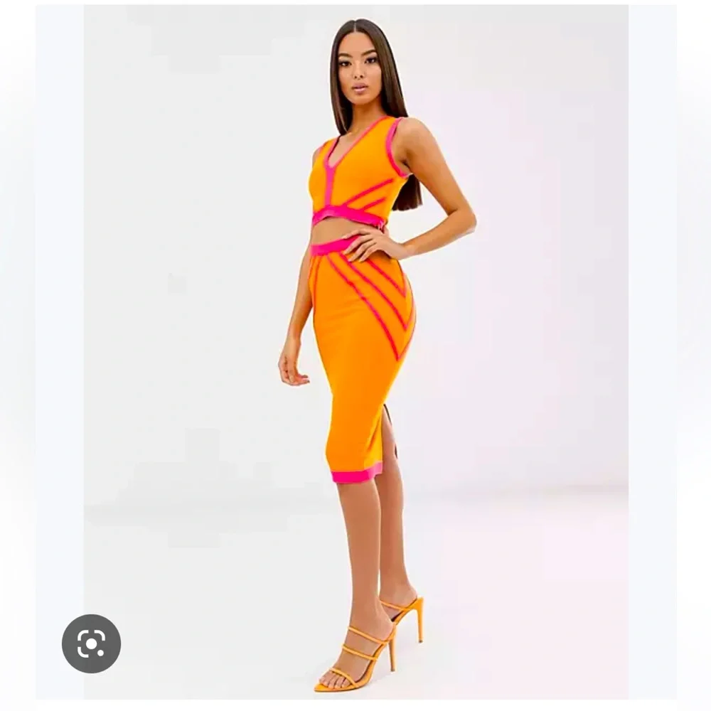 BNWT The Girlcode bandage pencil midi skirt in orange and pink - Picture 1 of 5